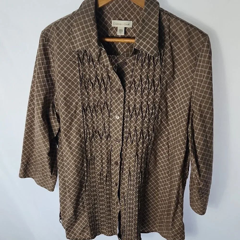 Pleated Smocked Soft Chocolate Brown Button Up Blouse Size PXL